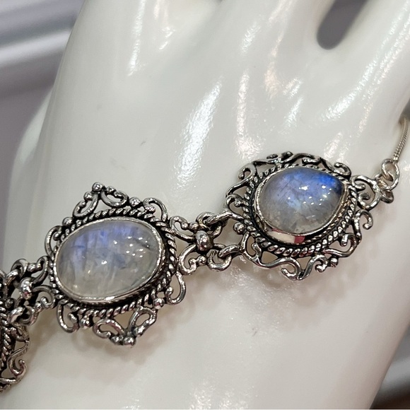 Rainbow Moonstone Trilogy Sterling Silver Hinged BOLO Bracelet - Picture 10 of 15